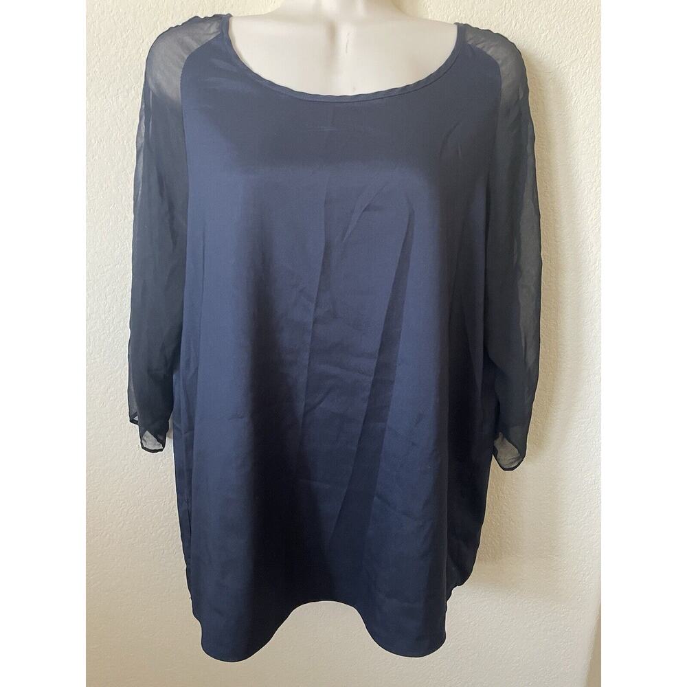 Renee C Navy Blue Black Boat Neck Raglan Sheer 3/4 Sleeve Blouse Top Size M